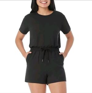 Black Short Sleeve Romper With Drawstring And Pockets
